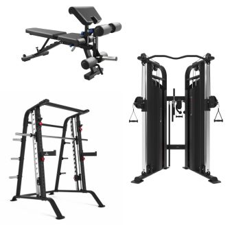 Pacote de Musculação Binom Strength: Multipower, Polia Dupla, Banco Ajustável, Barras e Discos