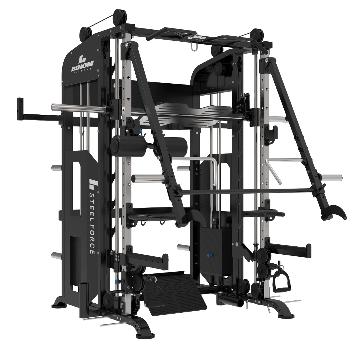 Binom Steel Force B21 Multigym com 100Kg x2, Braços Móveis, Dupla Polia, Power Rack, Multipower, Leg Press e acessórios